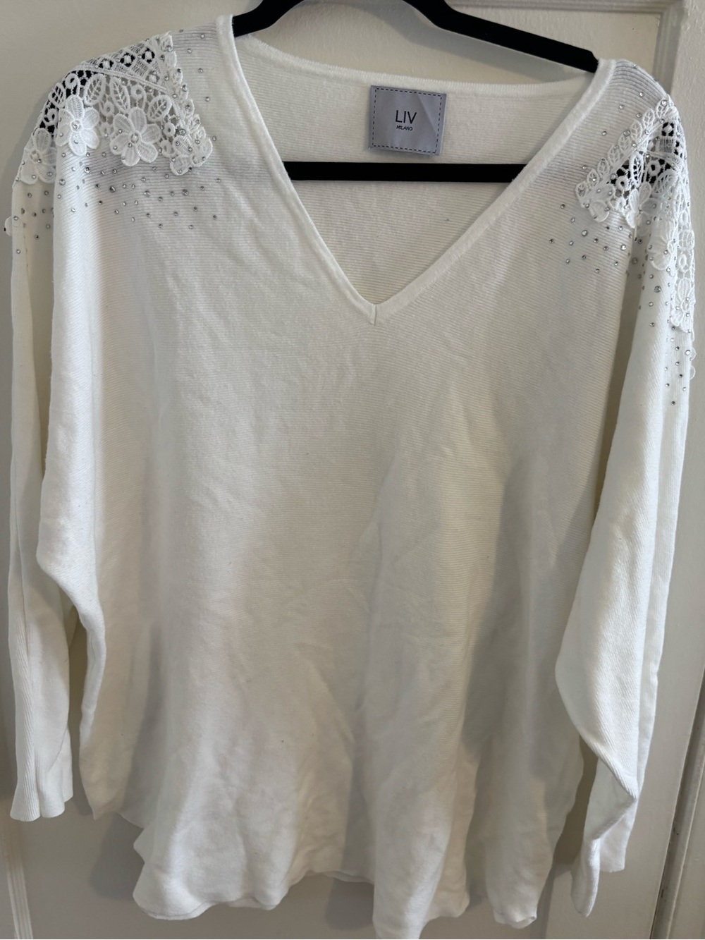 Women's White V-Neck Sweater with Lace Shoulder Detail